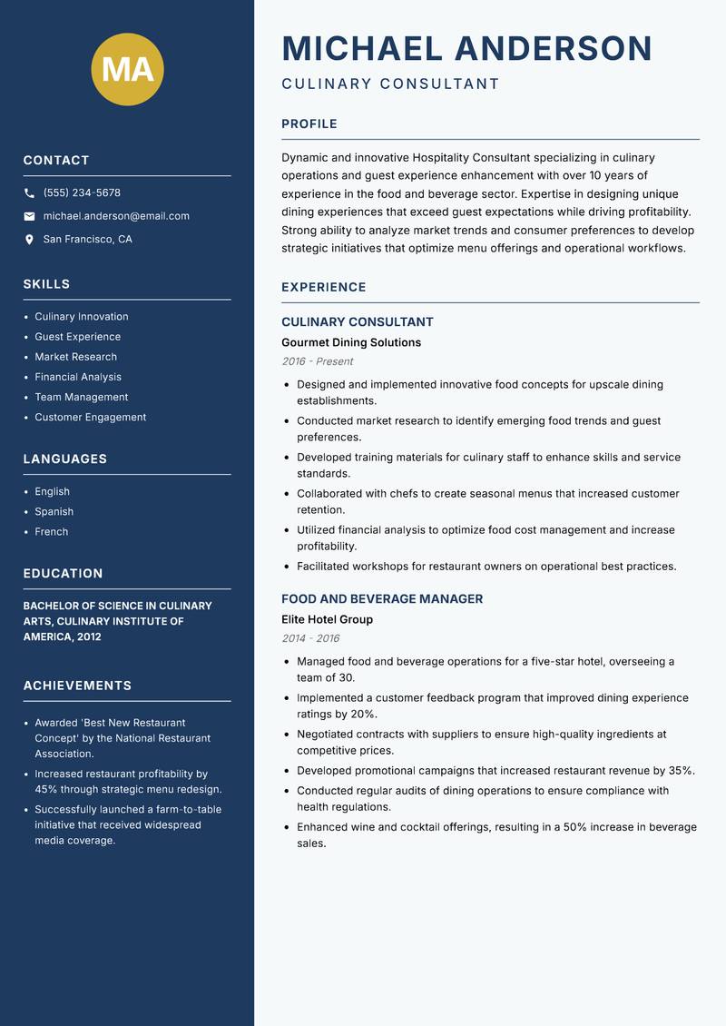 Hospitality Consultant Resume Preview Example