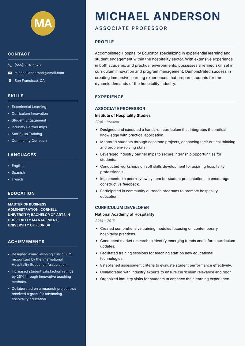 Hospitality Educator Resume Preview Example