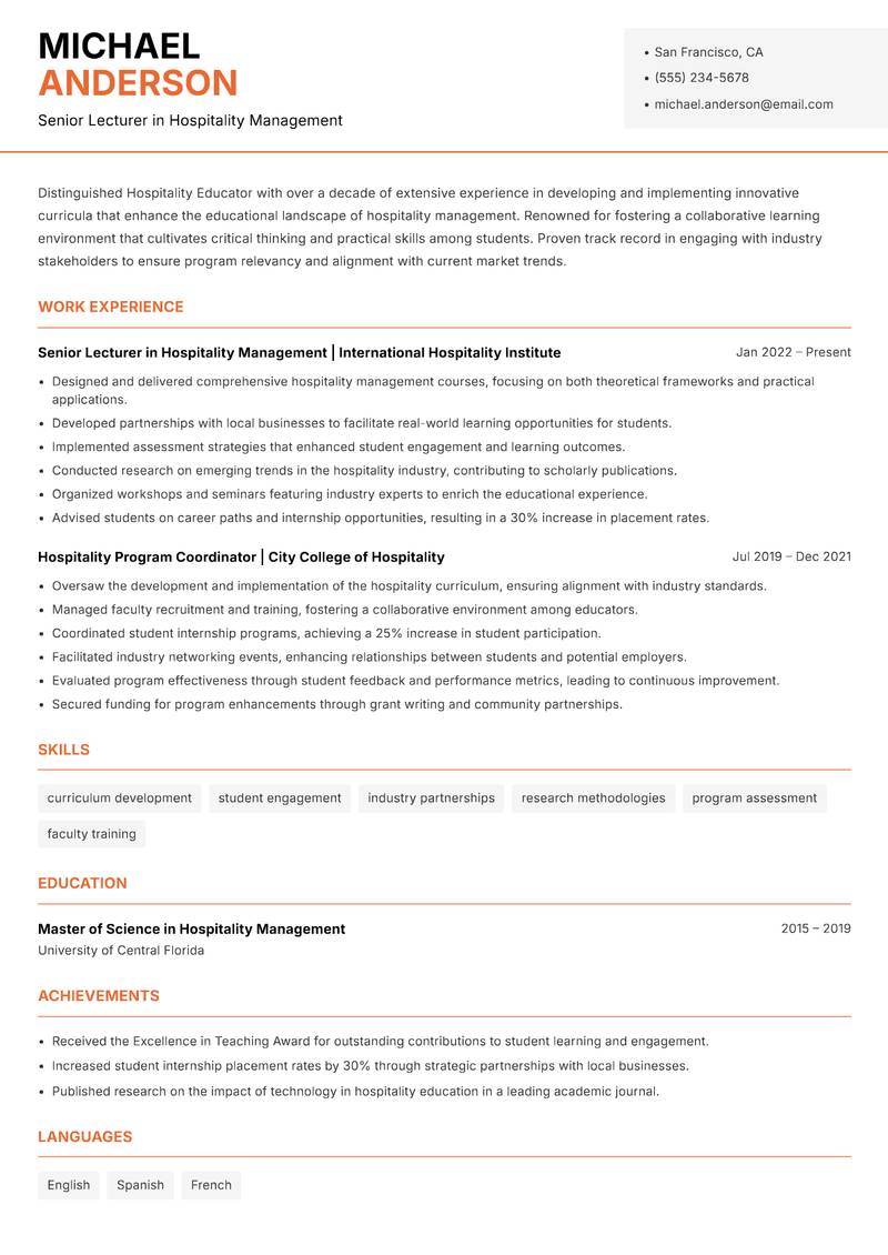 Hospitality Educator Resume Template