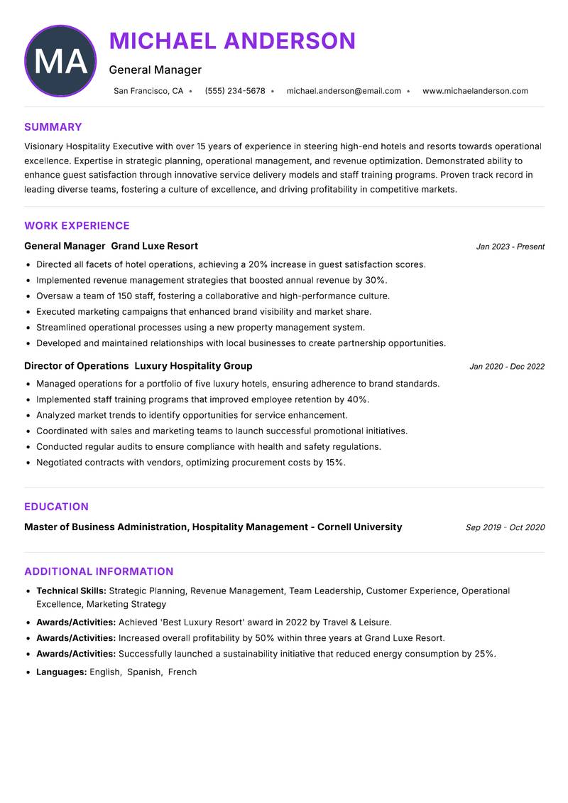 Hospitality Executive Resume Preview Example