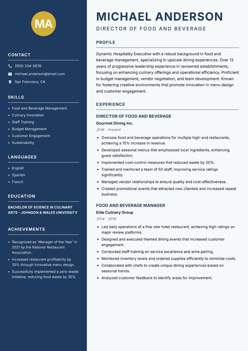 Hospitality Executive Resume Preview Example