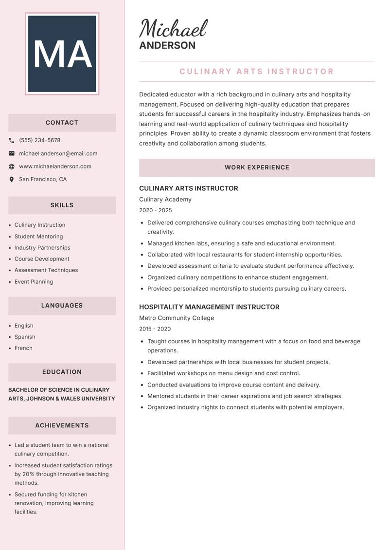 Hospitality Instructor Resume Preview Example