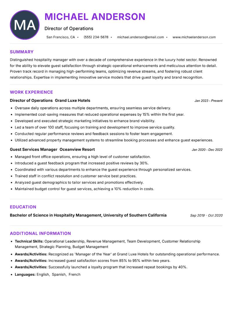 Hospitality Manager Resume Preview Example