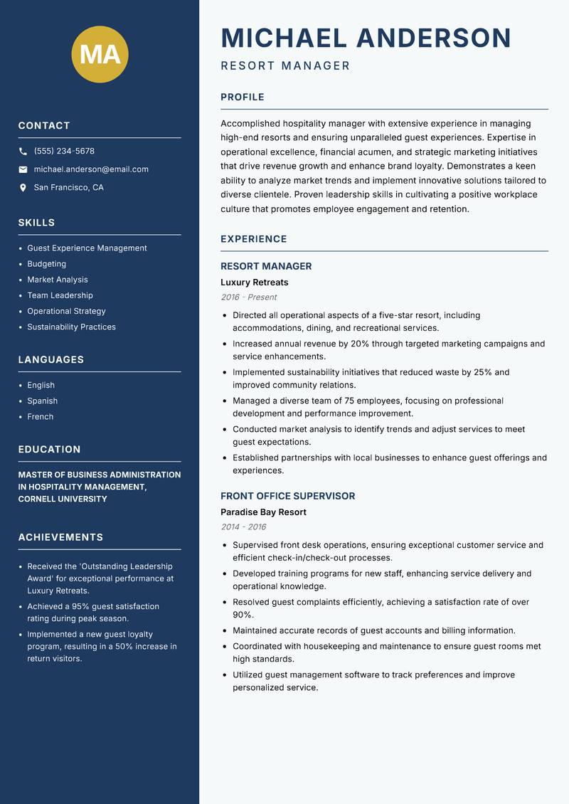 Hospitality Manager Resume Preview Example