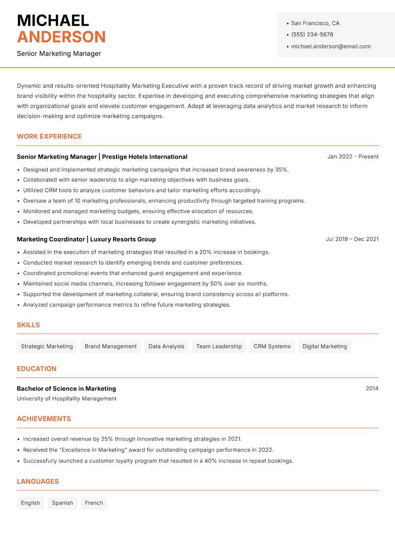 Hospitality Marketing Executive Resume Template
