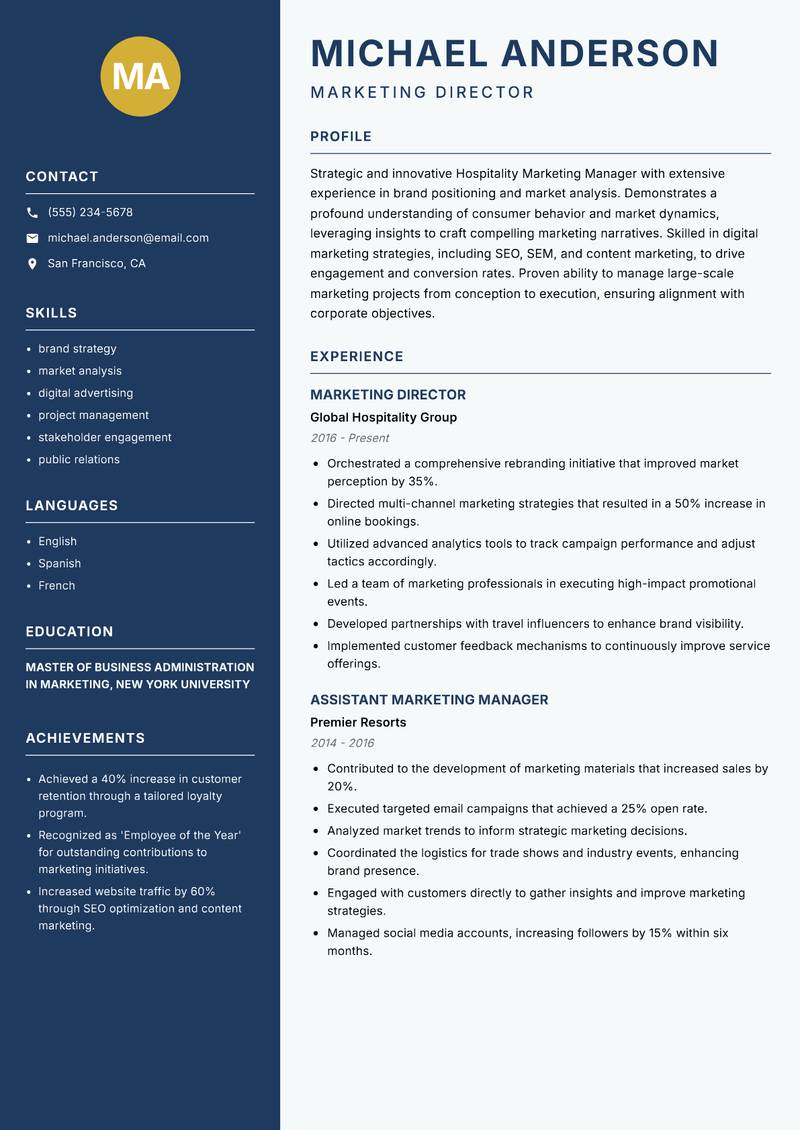Hospitality Marketing Manager Resume Preview Example