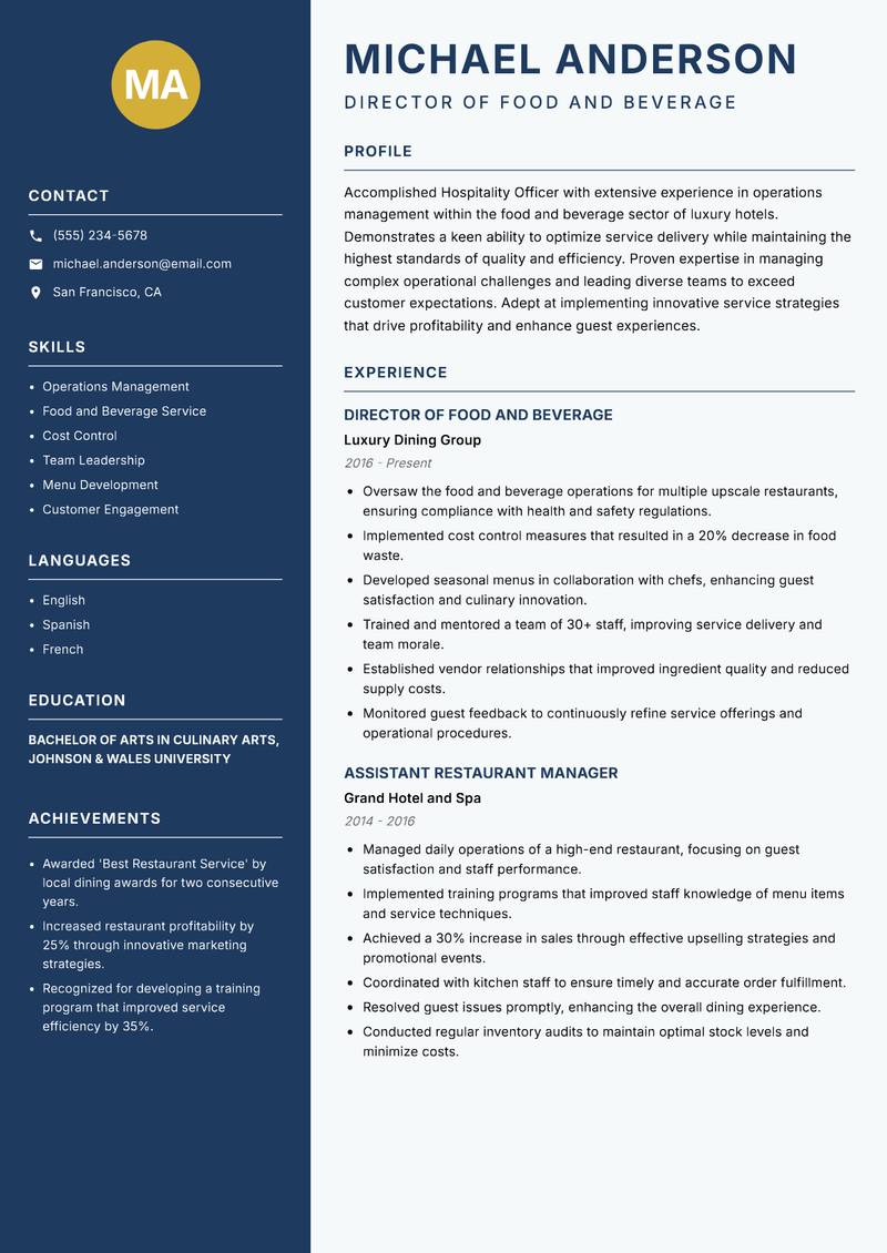 Hospitality Officer Resume Preview Example