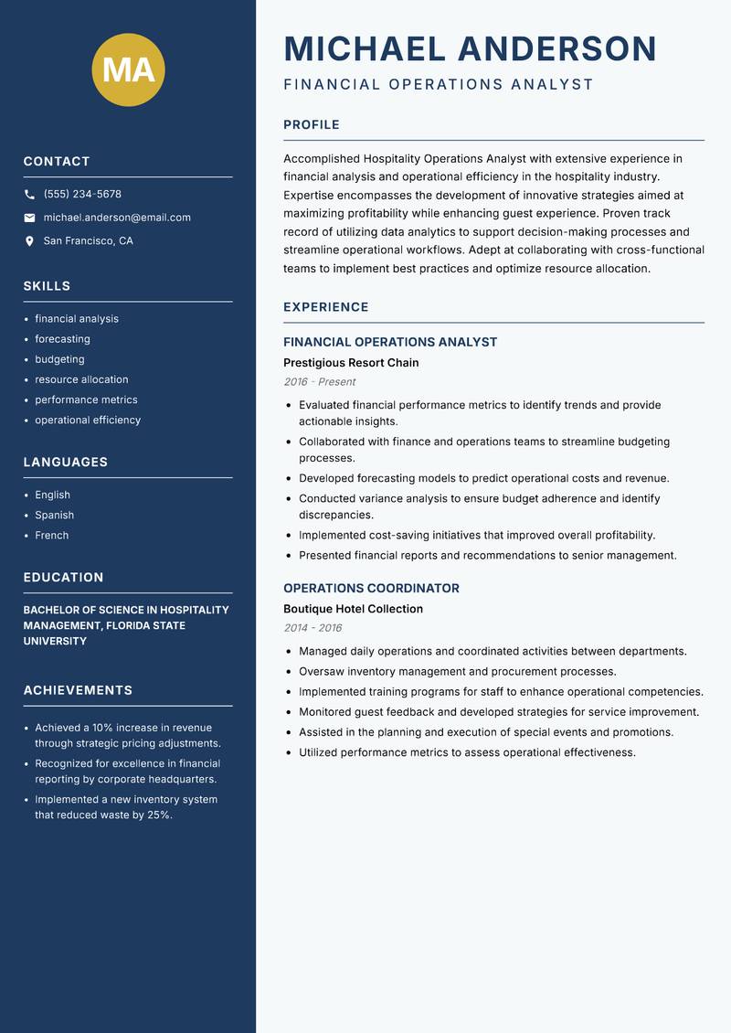 Hospitality Operations Analyst Resume Preview Example