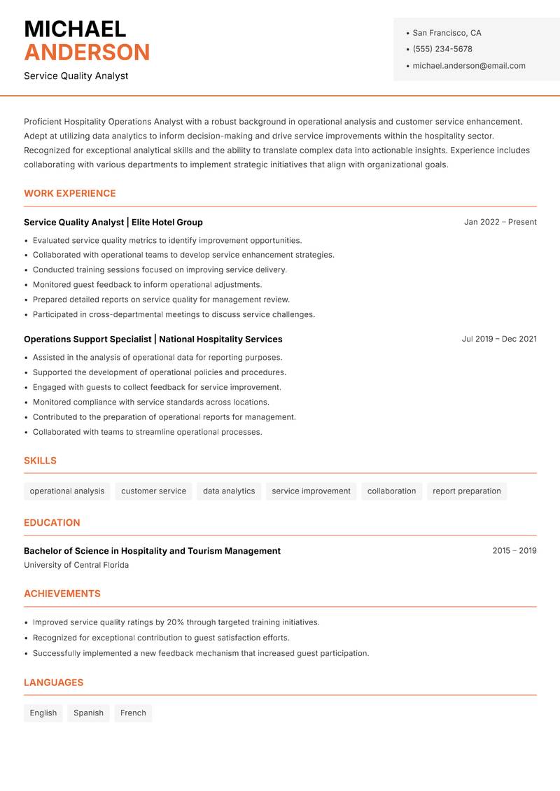 Hospitality Operations Analyst Resume Template