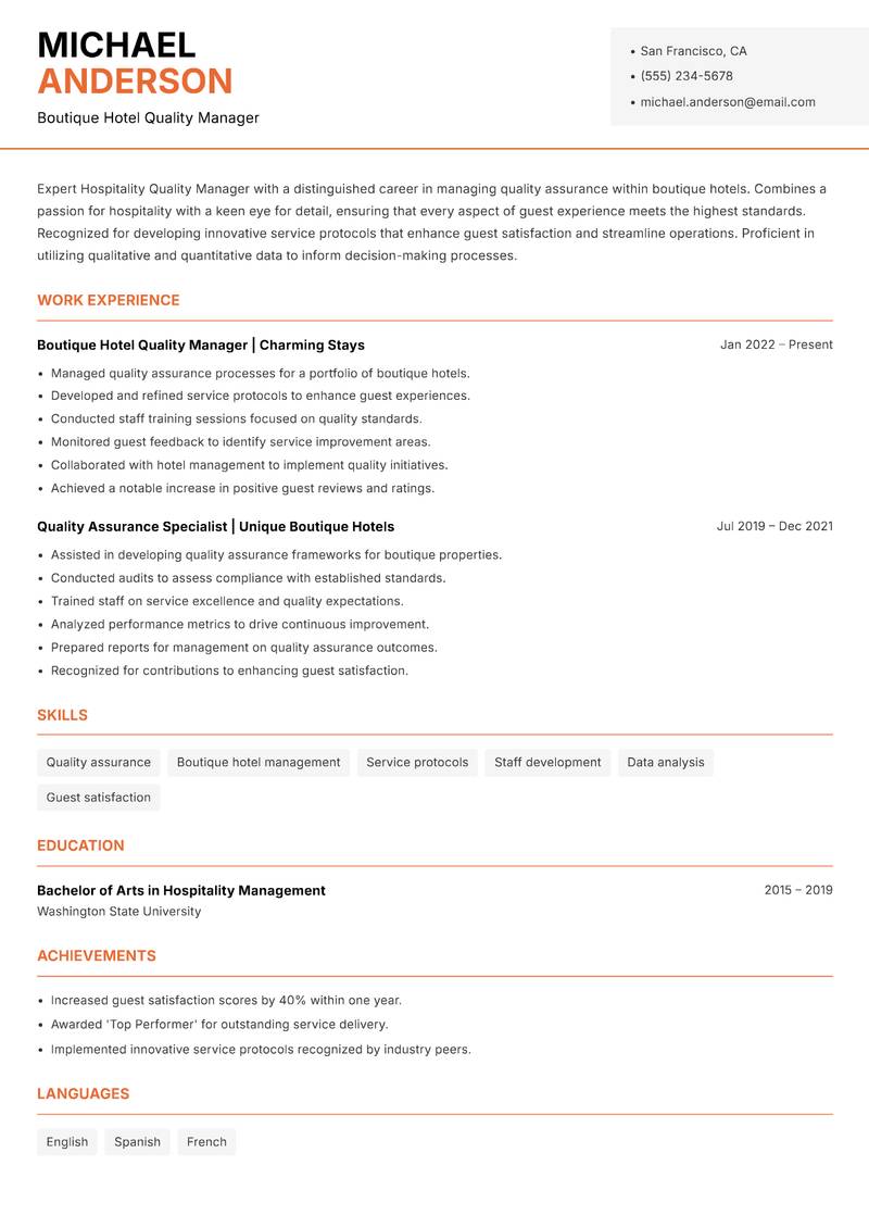 Hospitality Quality Manager Resume Template