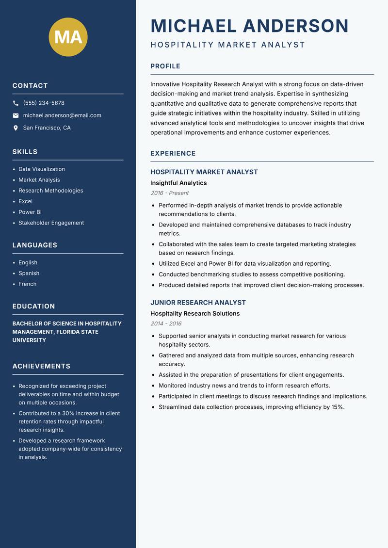 Hospitality Research Analyst Resume Preview Example