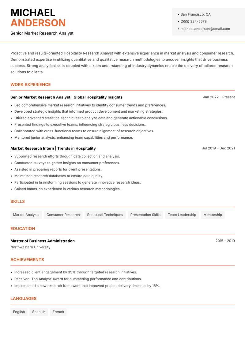 Hospitality Research Analyst Resume Template