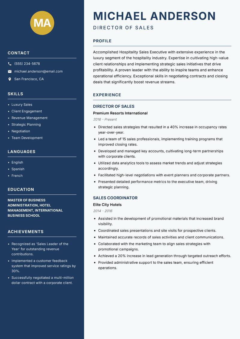 Hospitality Sales Executive Resume Preview Example
