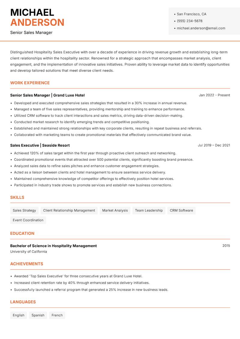 Hospitality Sales Executive Resume Template