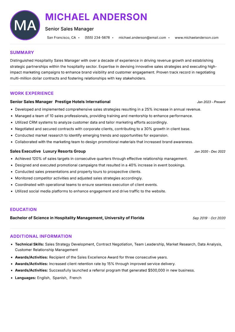 Hospitality Sales Manager Resume Preview Example
