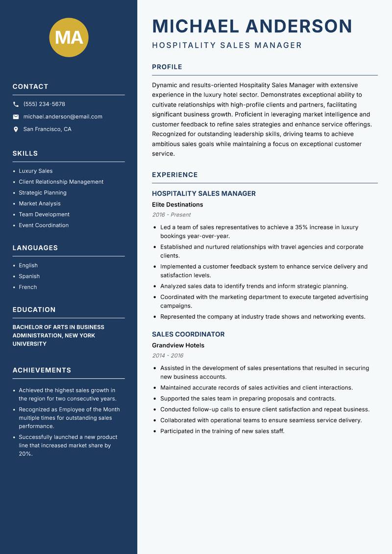 Hospitality Sales Manager Resume Preview Example