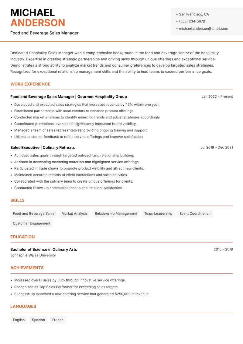 Hospitality Sales Manager Resume Template