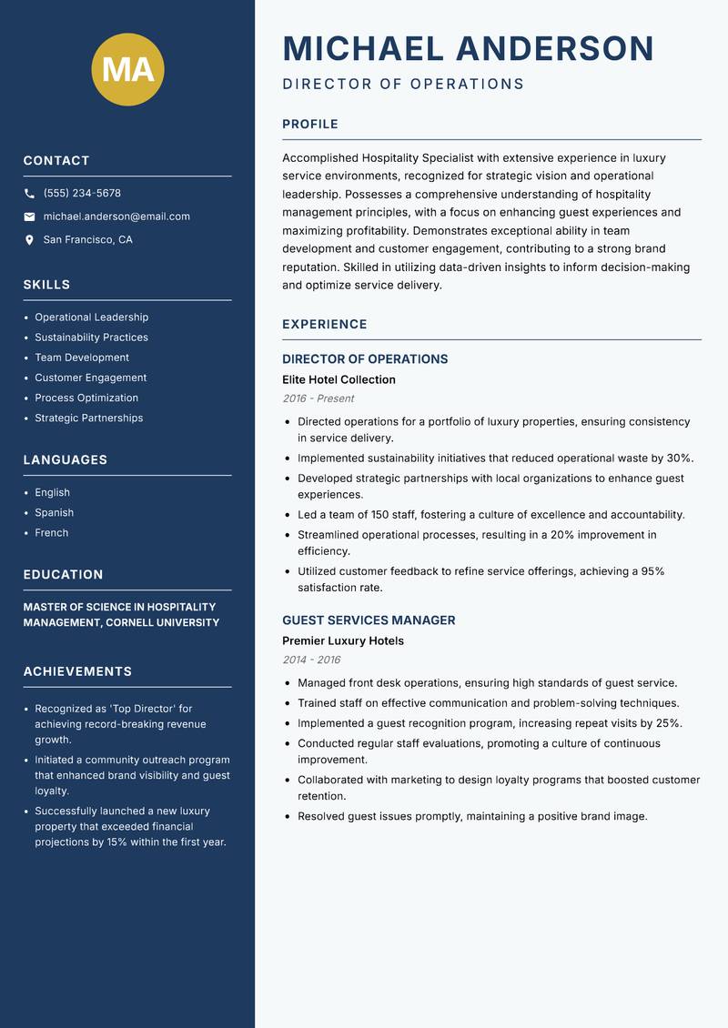 Hospitality Specialist Resume Preview Example
