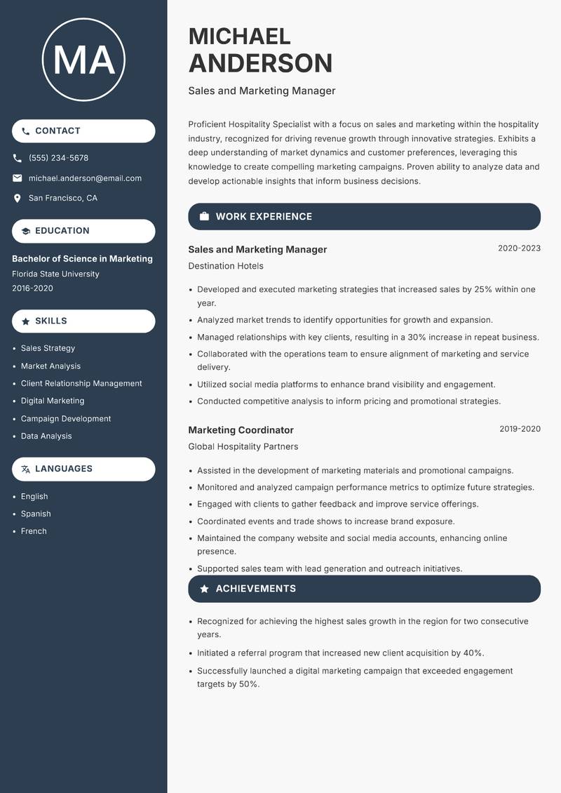 Hospitality Specialist Resume Preview Example