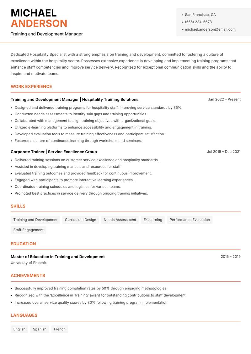 Hospitality Specialist Resume Template
