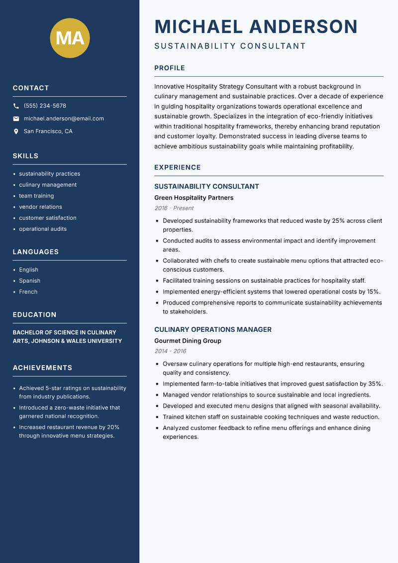 Hospitality Strategy Consultant Resume Preview Example
