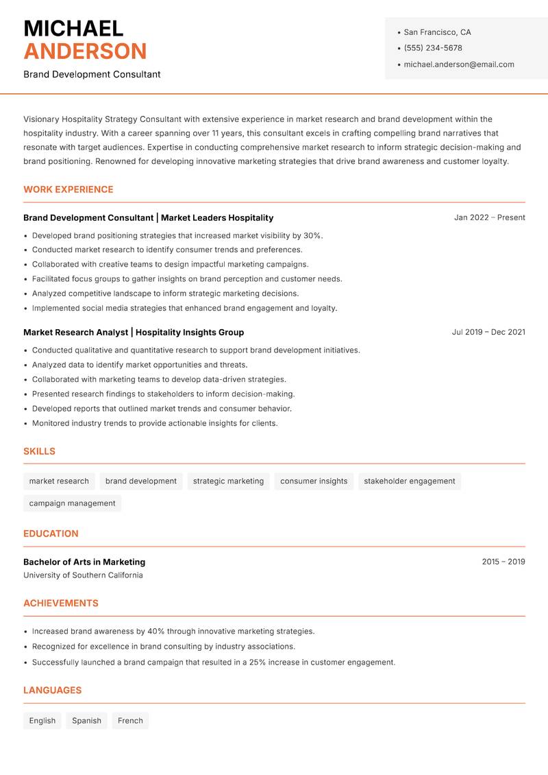 Hospitality Strategy Consultant Resume Template