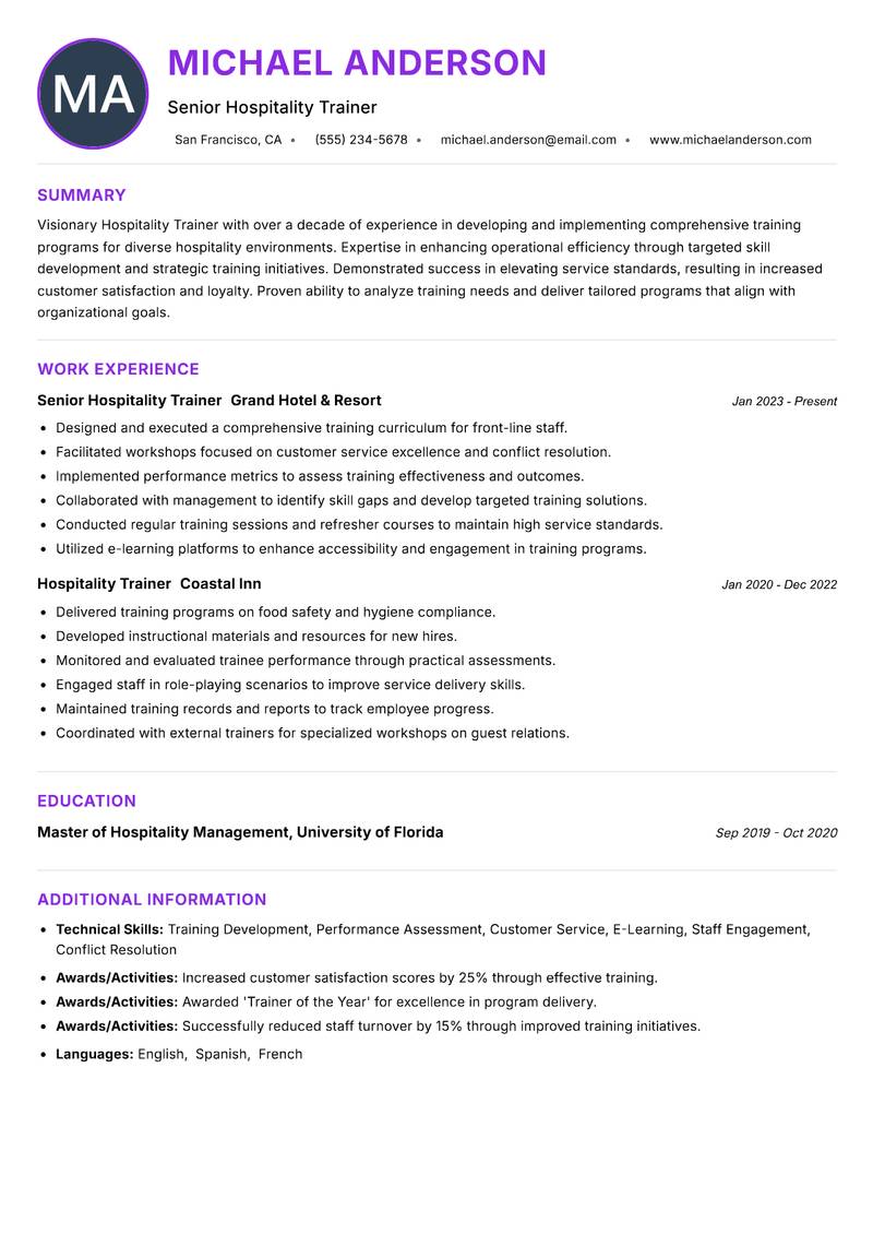 Hospitality Trainer Resume Preview Example