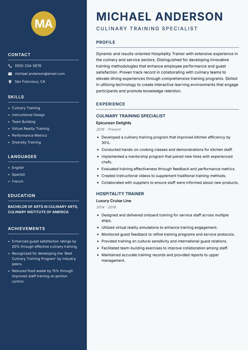 Hospitality Trainer Resume Preview Example