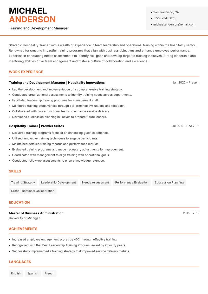 Hospitality Trainer Resume Template