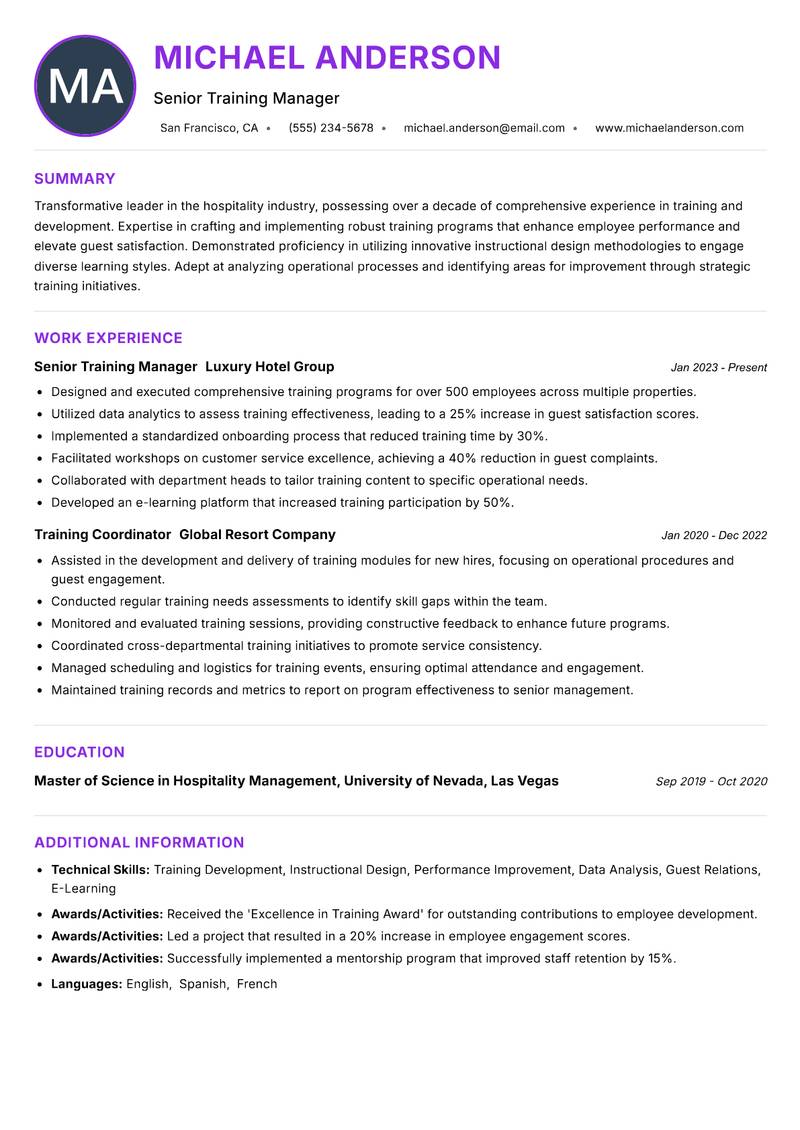 Hospitality Training Executive Resume Preview Example