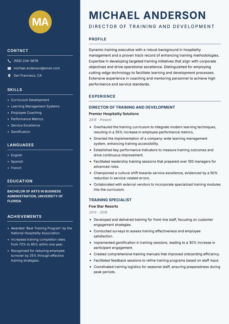 Hospitality Training Executive Resume Preview Example