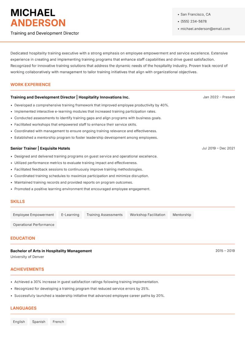 Hospitality Training Executive Resume Template