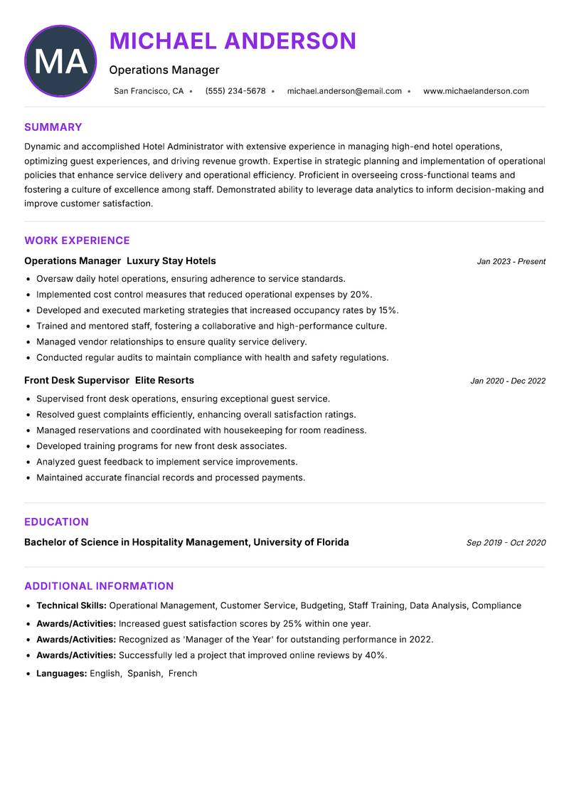 Hotel Administrator Resume Preview Example