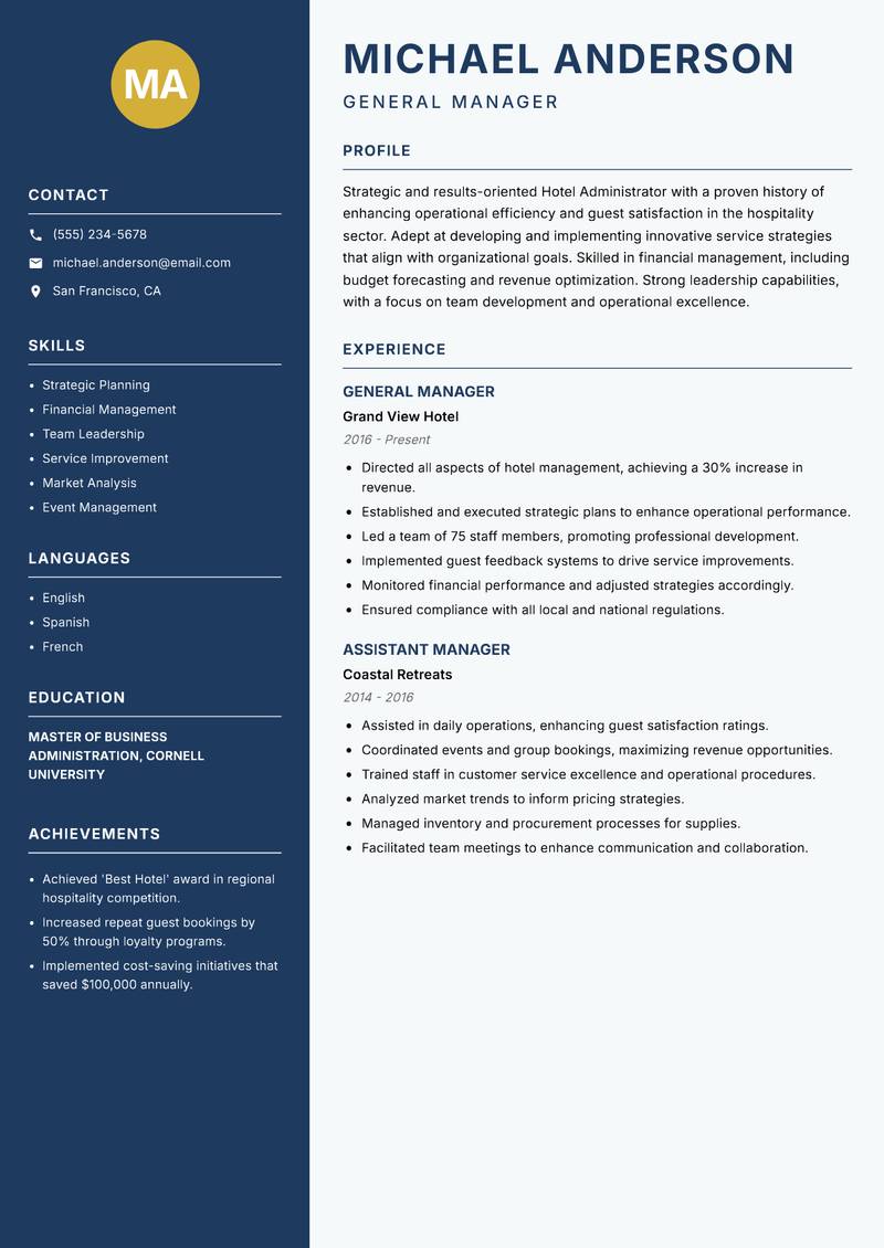 Hotel Administrator Resume Preview Example