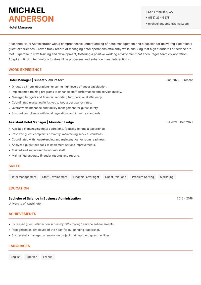 Hotel Administrator Resume Template