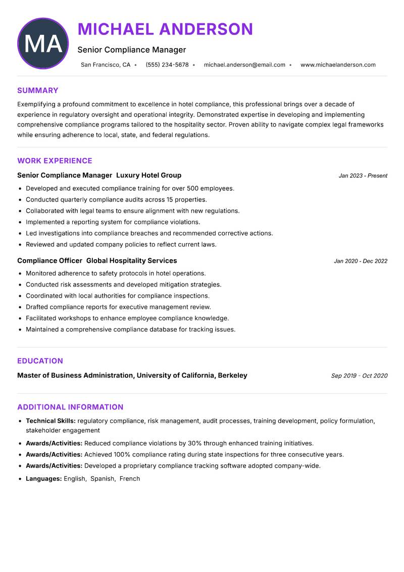 Hotel Compliance Officer Resume Preview Example