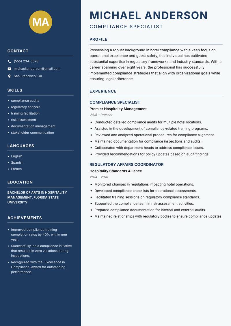 Hotel Compliance Officer Resume Preview Example