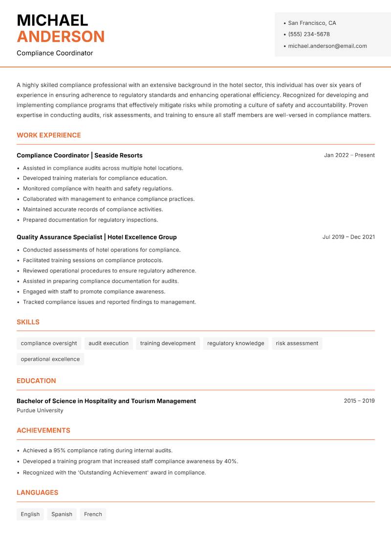 Hotel Compliance Officer Resume Template