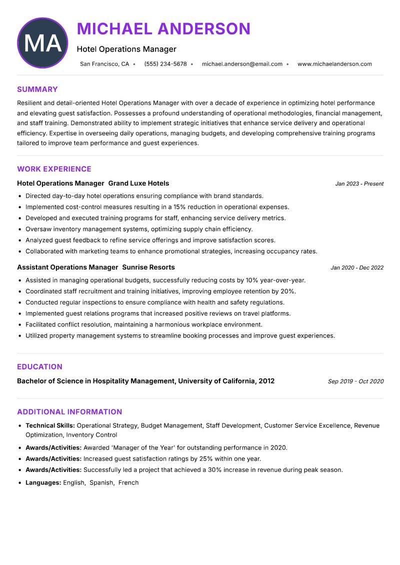Hotel Operations Manager Resume Preview Example