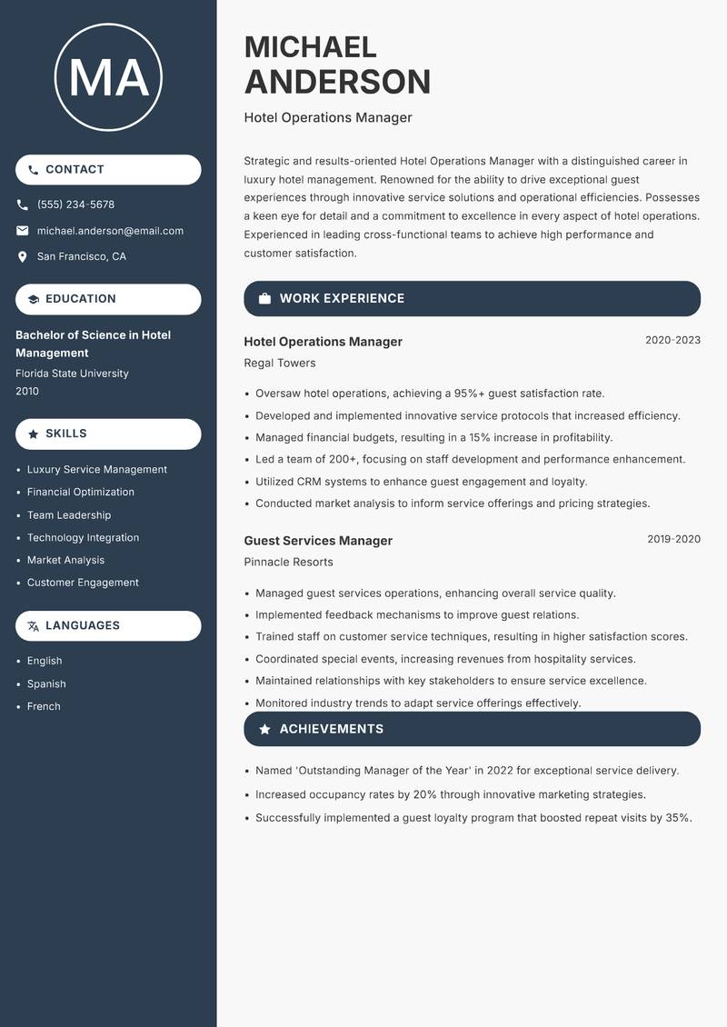 Hotel Operations Manager Resume Preview Example