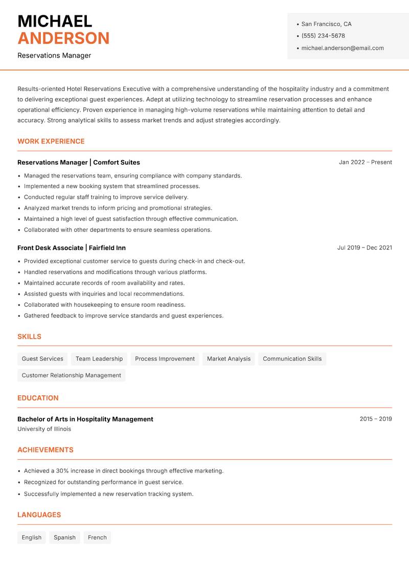 Hotel Reservations Executive Resume Template