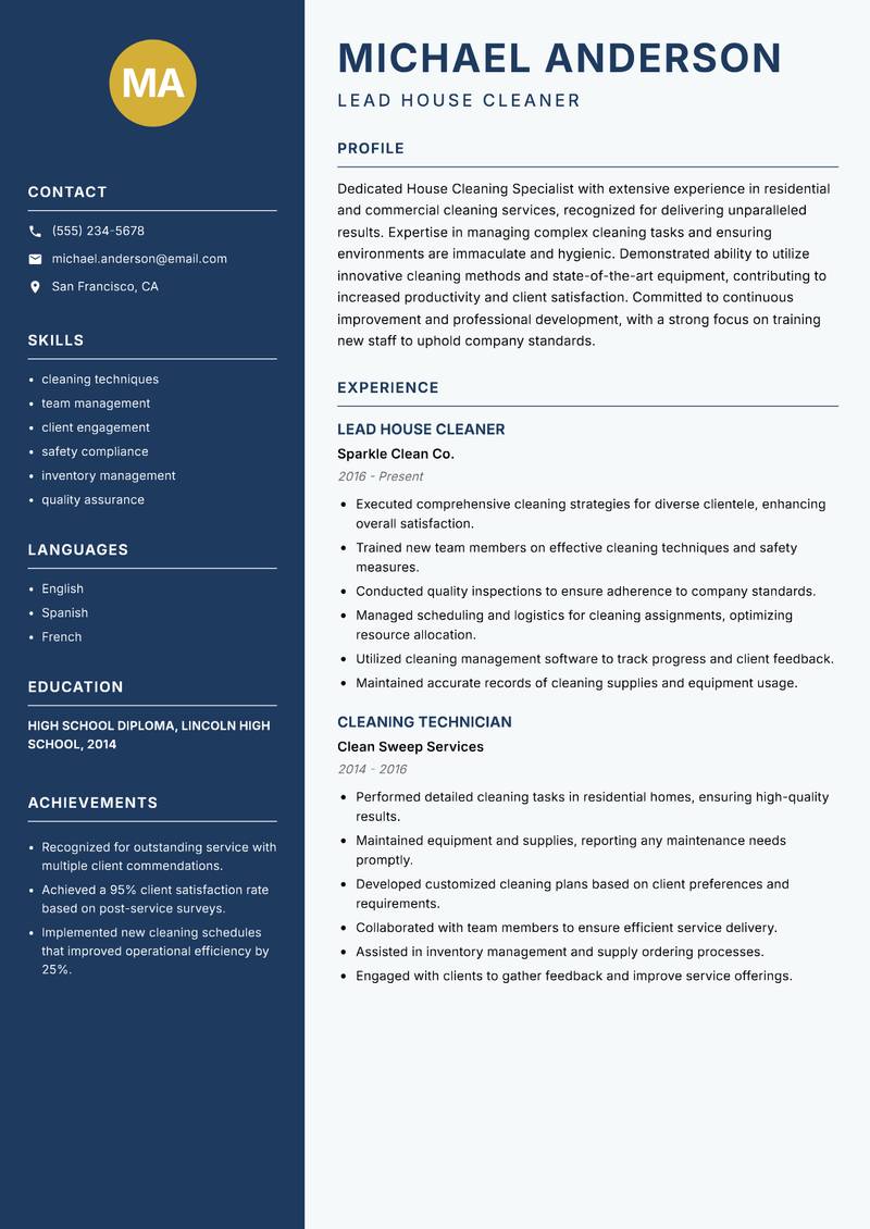 House Cleaning Specialist Resume Preview Example