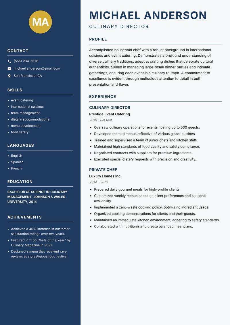 Household Chef Resume Preview Example