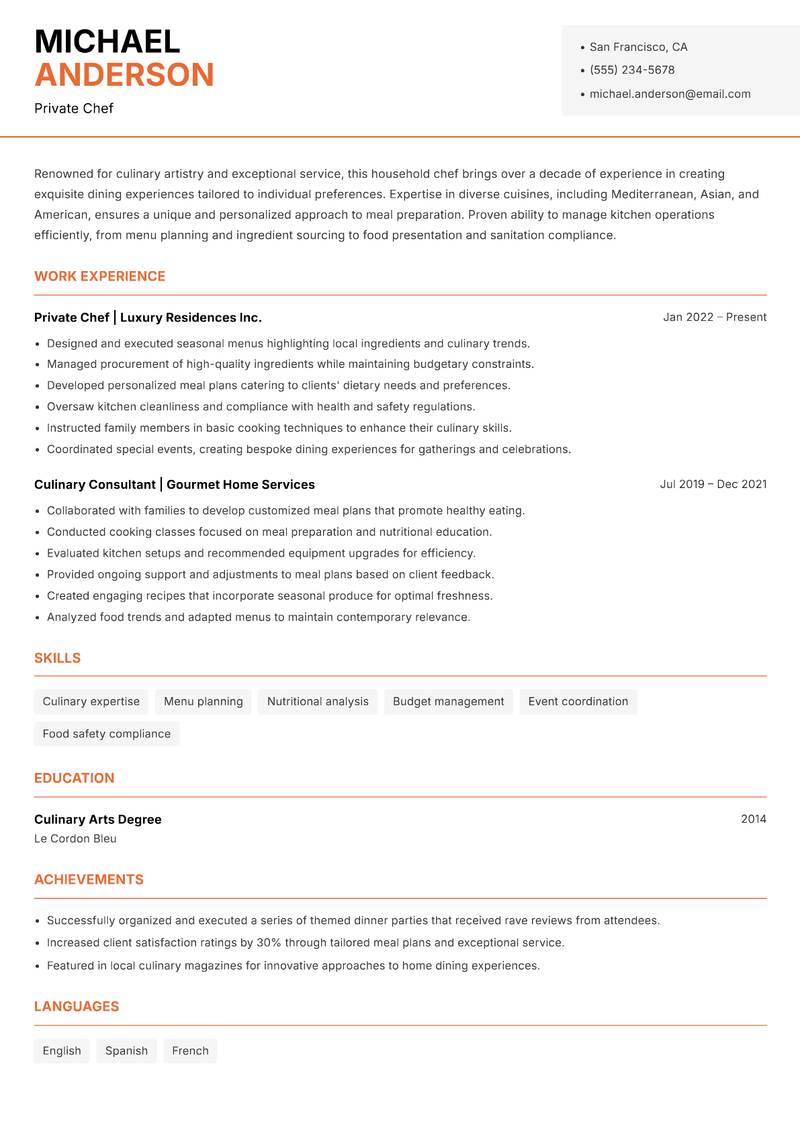 Household Chef Resume Template