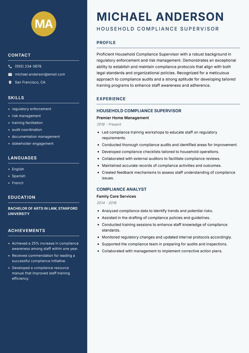 Household Compliance Supervisor Resume Preview Example