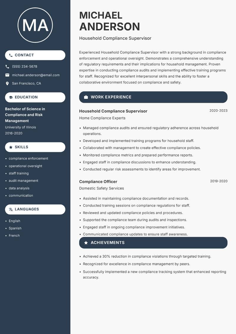 Household Compliance Supervisor Resume Preview Example
