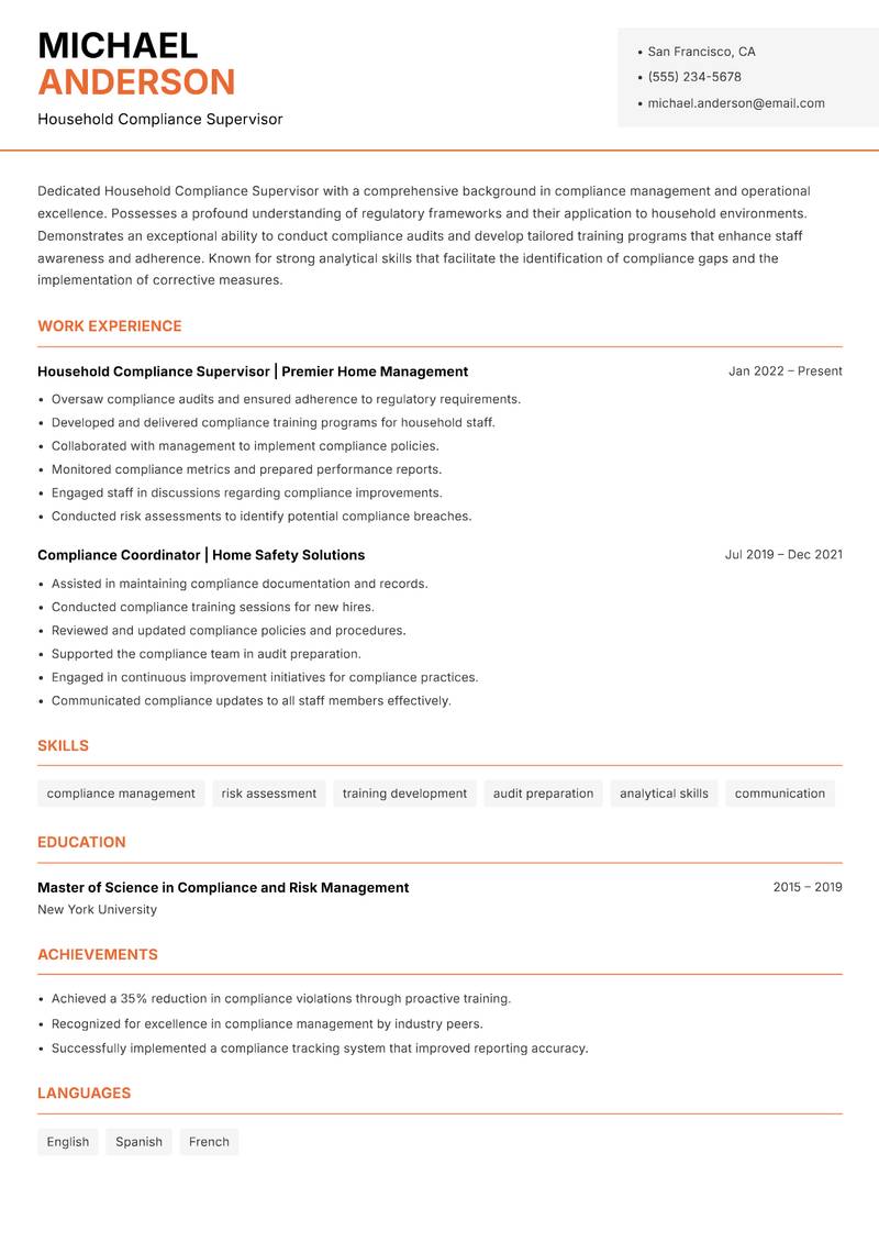 Household Compliance Supervisor Resume Template