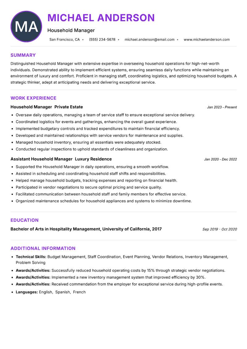 Household Manager Resume Preview Example