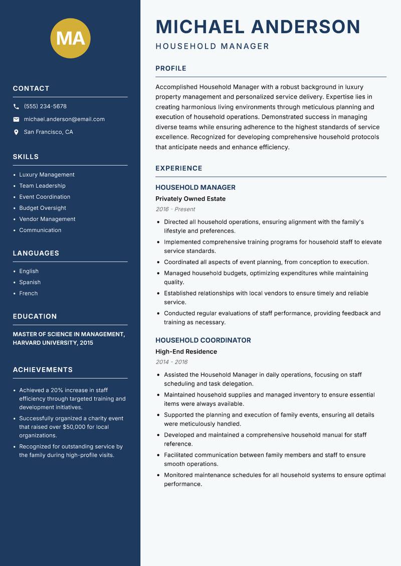 Household Manager Resume Preview Example