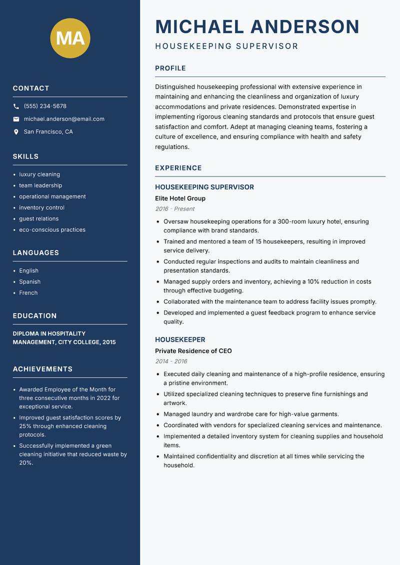 Housekeeper Resume Preview Example